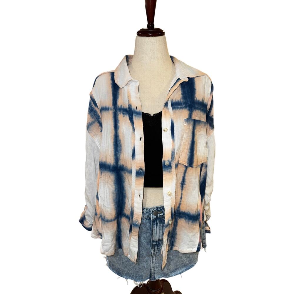 We the Free Crêpe Button Up Tie Dye Checked Shirt Oversized Medium